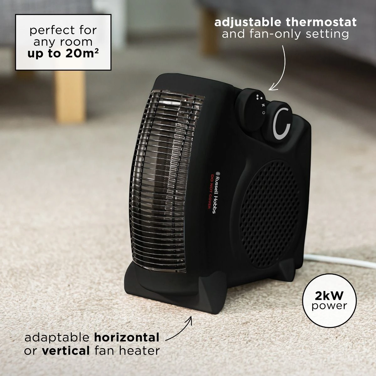 Russell Hobbs 2kW Black Portable Horizontal or Vertical Fan Heater 5 Russell Hobbs 2kW Black Portable Horizontal or Vertical Fan Heater - Image 3