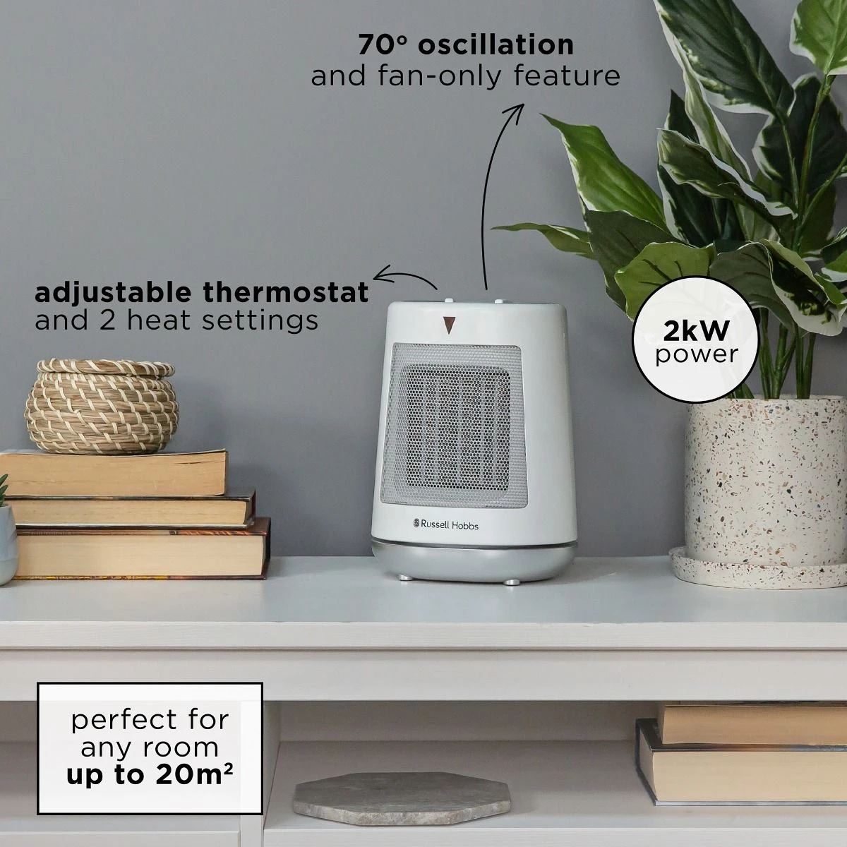 Russell Hobbs 2kW Oscillating Ceramic Electric Fan Heater in White 5 Russell Hobbs 2kW Oscillating Ceramic Electric Fan Heater in White - Image 3