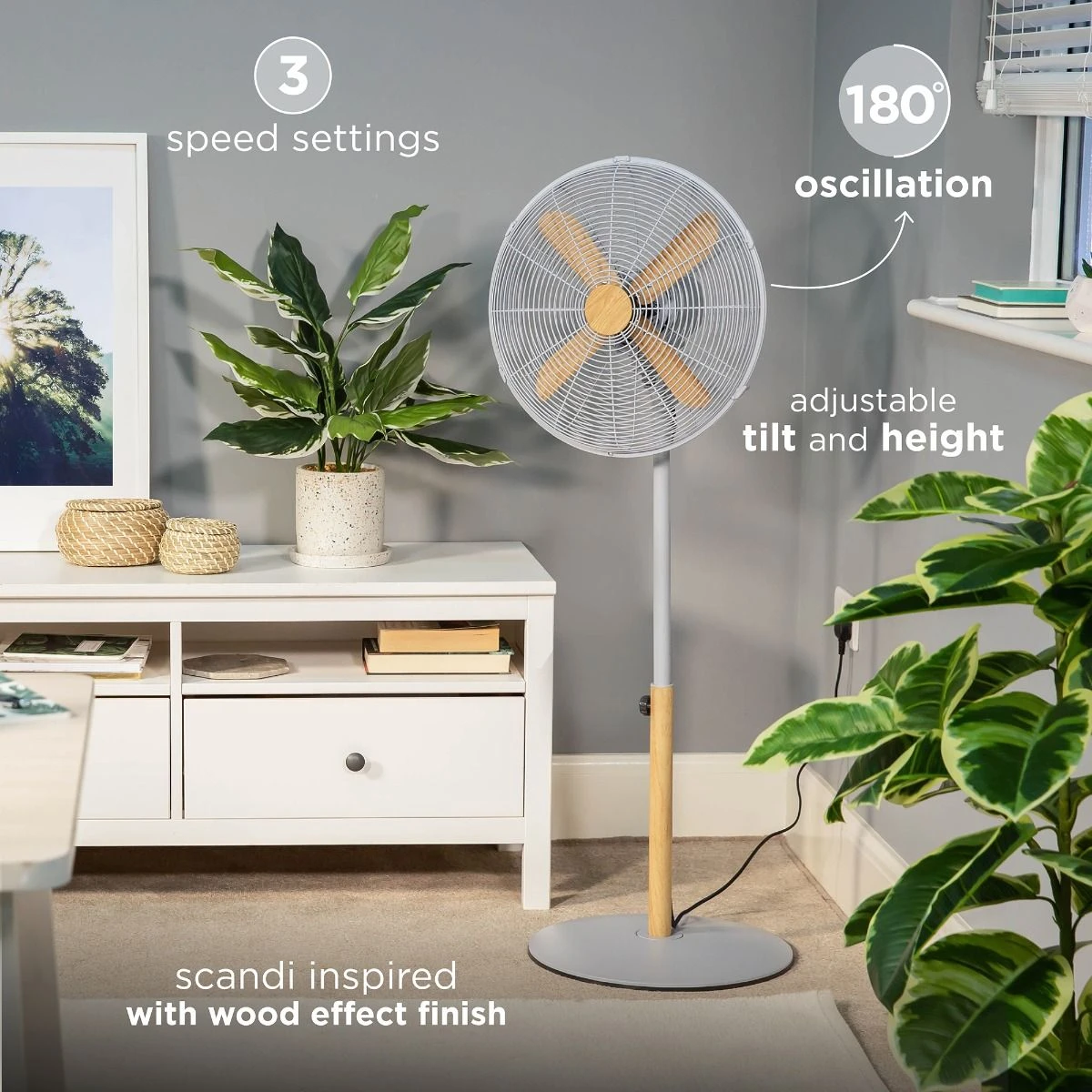 Russell Hobbs 16" Scandi Pedestal Fan in Grey and Wood Effect 5 Russell Hobbs 16" Scandi Pedestal Fan in Grey and Wood Effect - Image 3