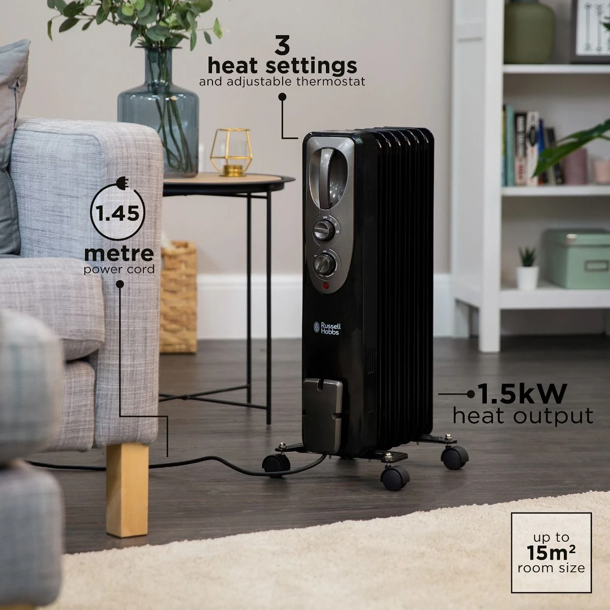 Russell Hobbs 7 Fin 1.5kW Oil Filled Radiator Black 5 Russell Hobbs 7 Fin 1.5kW Oil Filled Radiator Black - Image 3