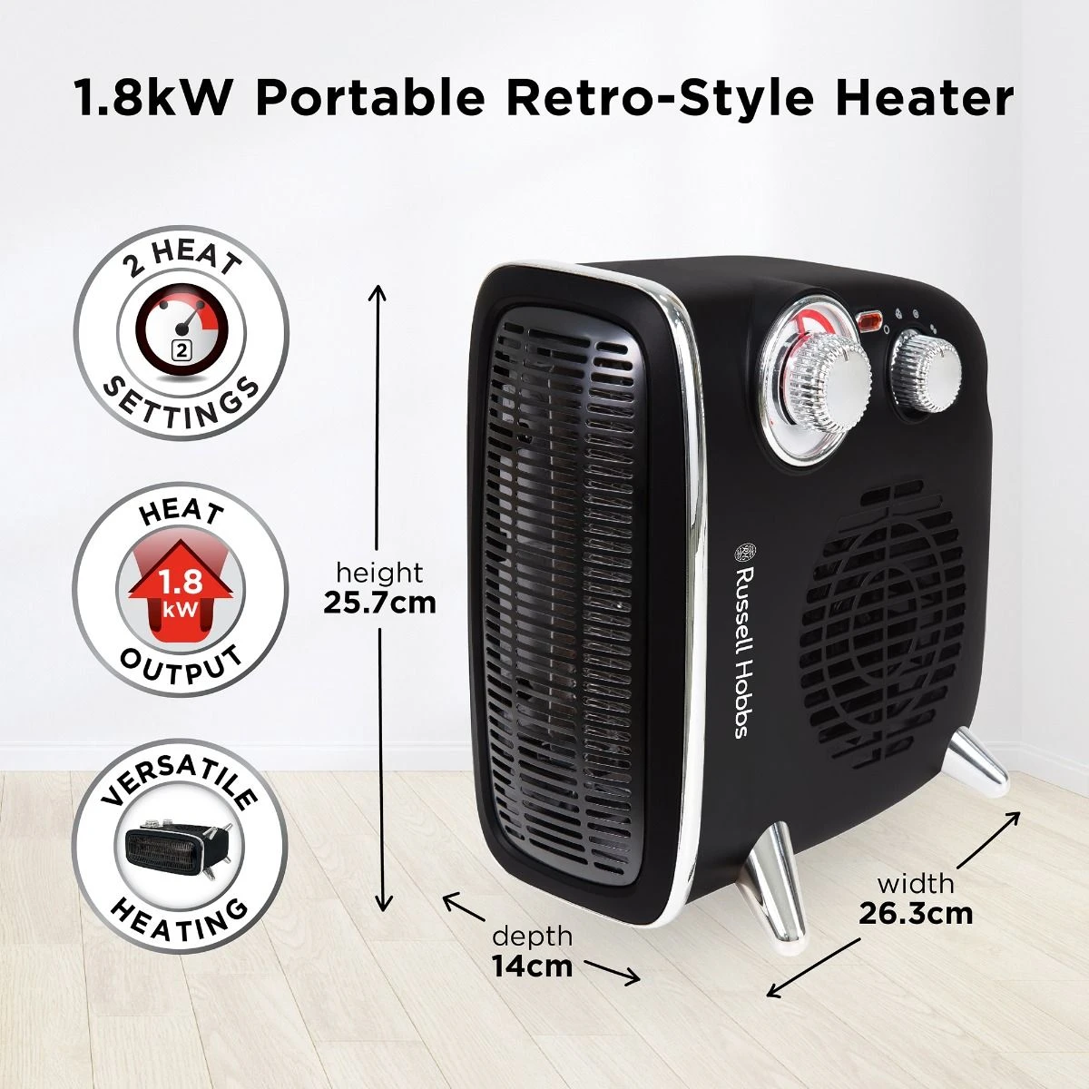 Russell Hobbs Retro 1.8kW Horizontal/Vertical Black Fan Heater 4 Russell Hobbs Retro 1.8kW Horizontal/Vertical Black Fan Heater - Image 2