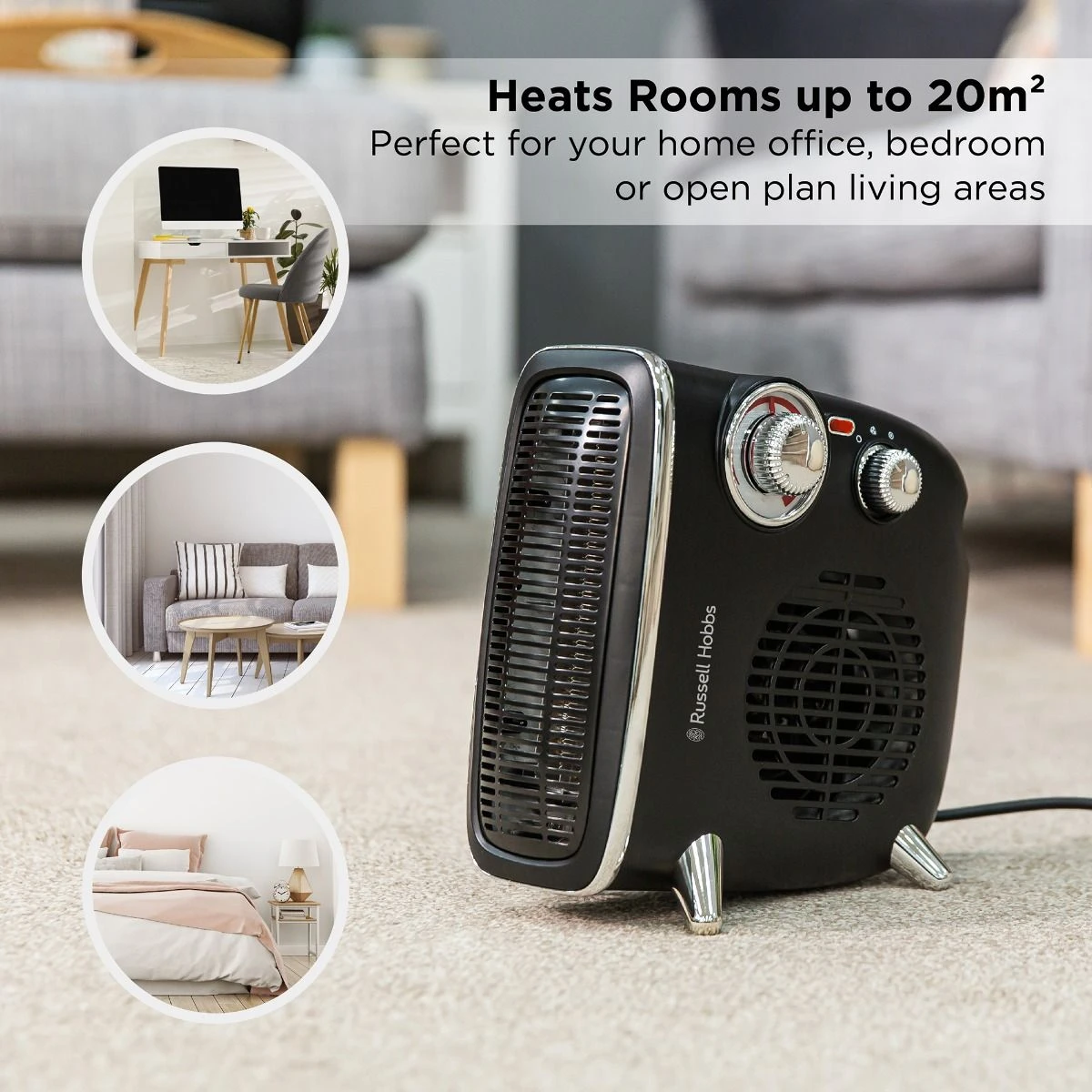 Russell Hobbs Retro 1.8kW Horizontal/Vertical Black Fan Heater 5 Russell Hobbs Retro 1.8kW Horizontal/Vertical Black Fan Heater - Image 3